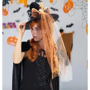Orange Long Hair Wig & Skull Witch Hat- Adults Witch Costume